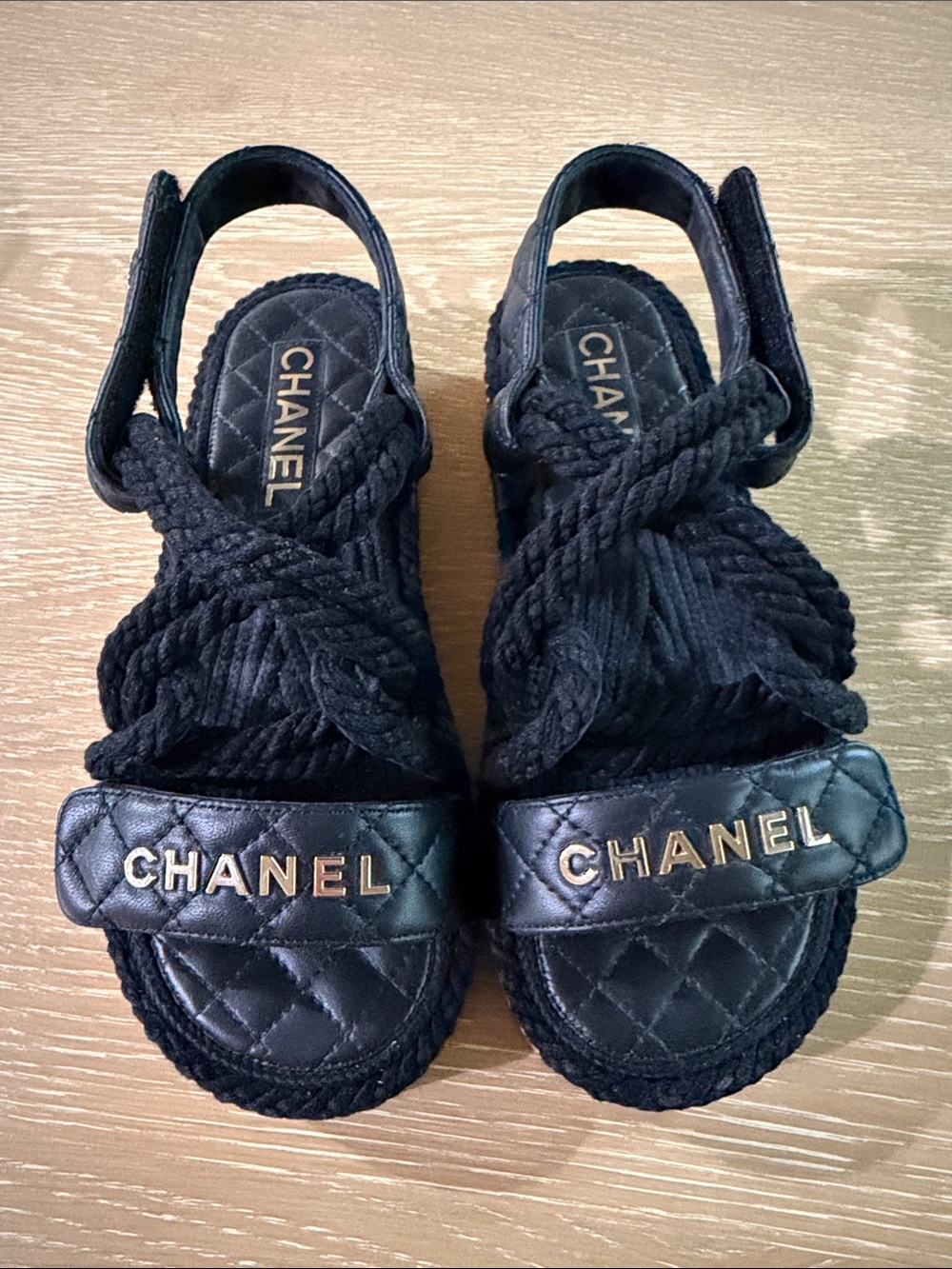 CHANEL Black Quilted Rope Crossover Slingback Sandals with Gold Logo (Authentic)